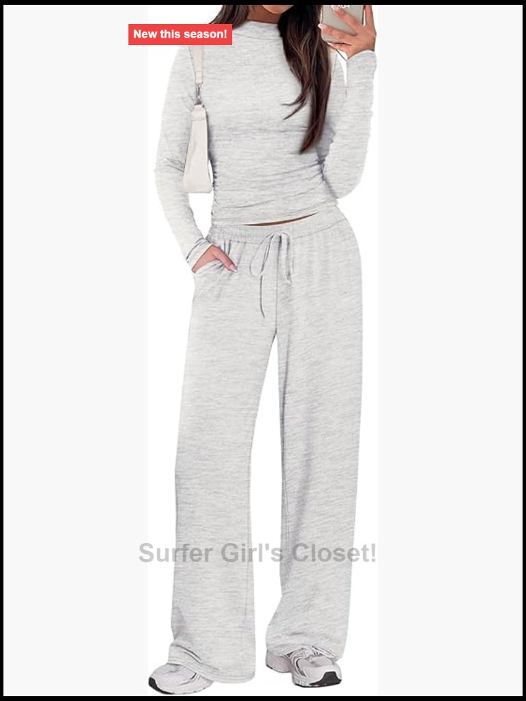 Two Piece Lounge Set Mock Neck Ruched Top Wide Leg Pants Travel Airport